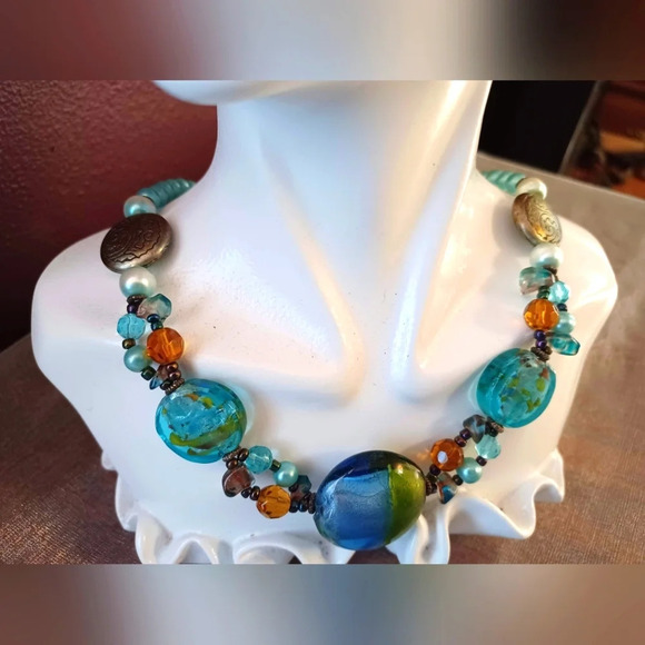 🍒 Vintage Statement Lampwork Glass Bead Choker Collar Necklace - Picture 1 of 5